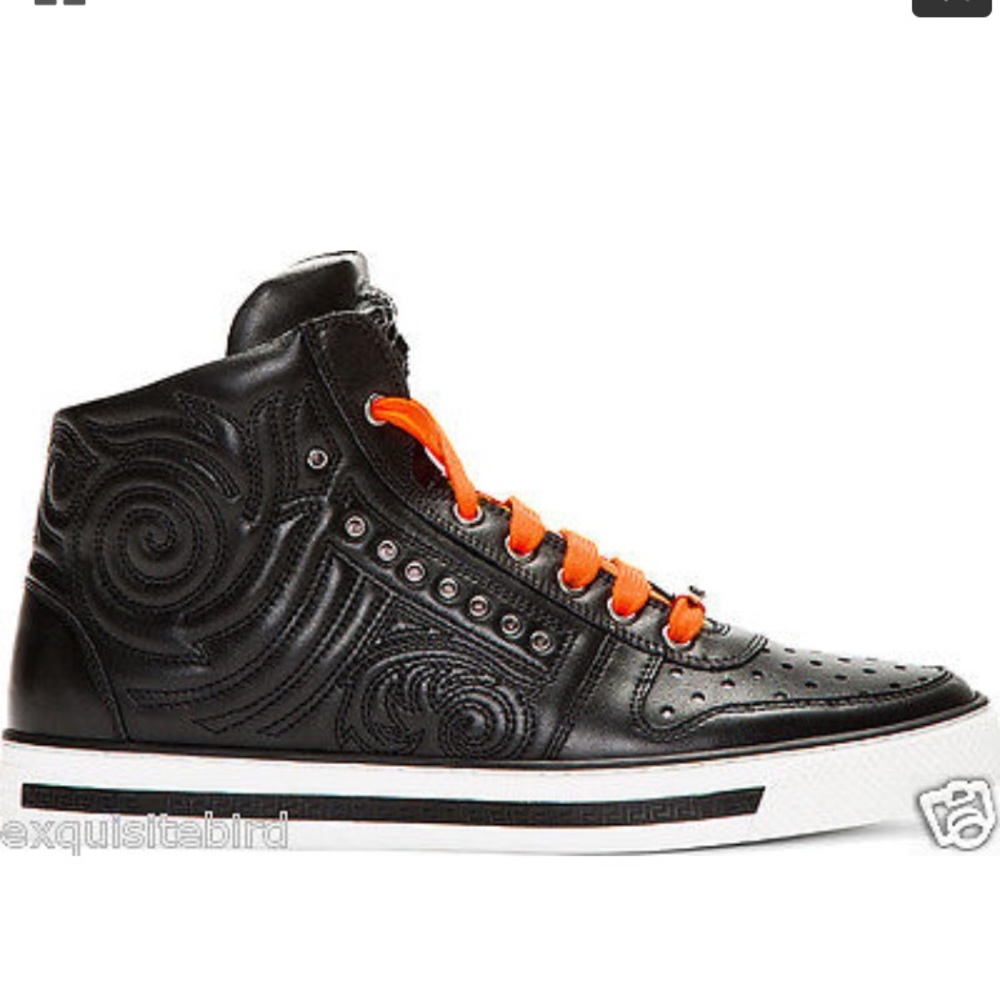 Versace Black Baroque Leather Hi Top Sneakers